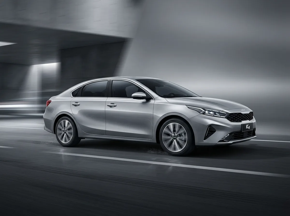 Intermediate sedan Kia K4 silver, dynamic side view on neutral background, modern automotive photography