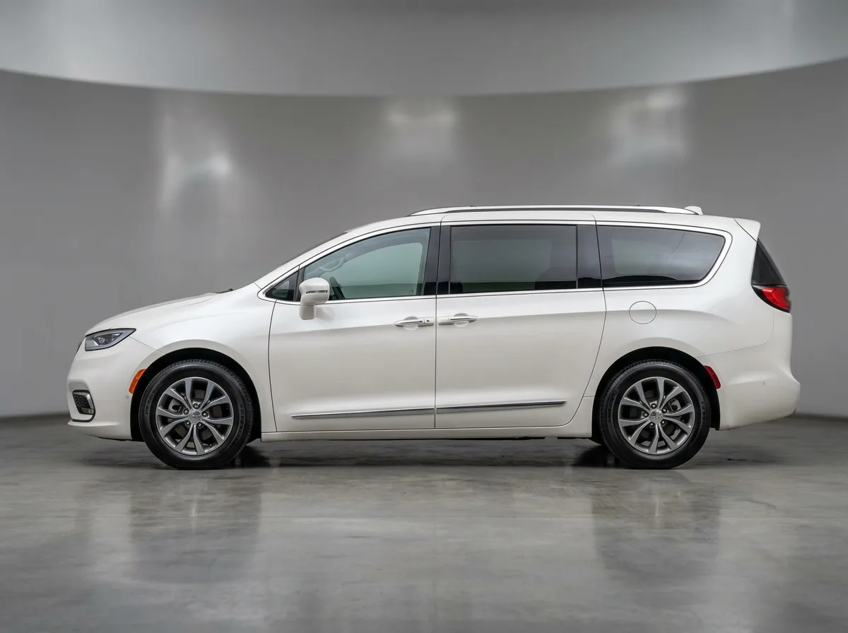 Minivan Chrysler Pacifica pearl white, family vehicle, side view, clean studio automotive photography