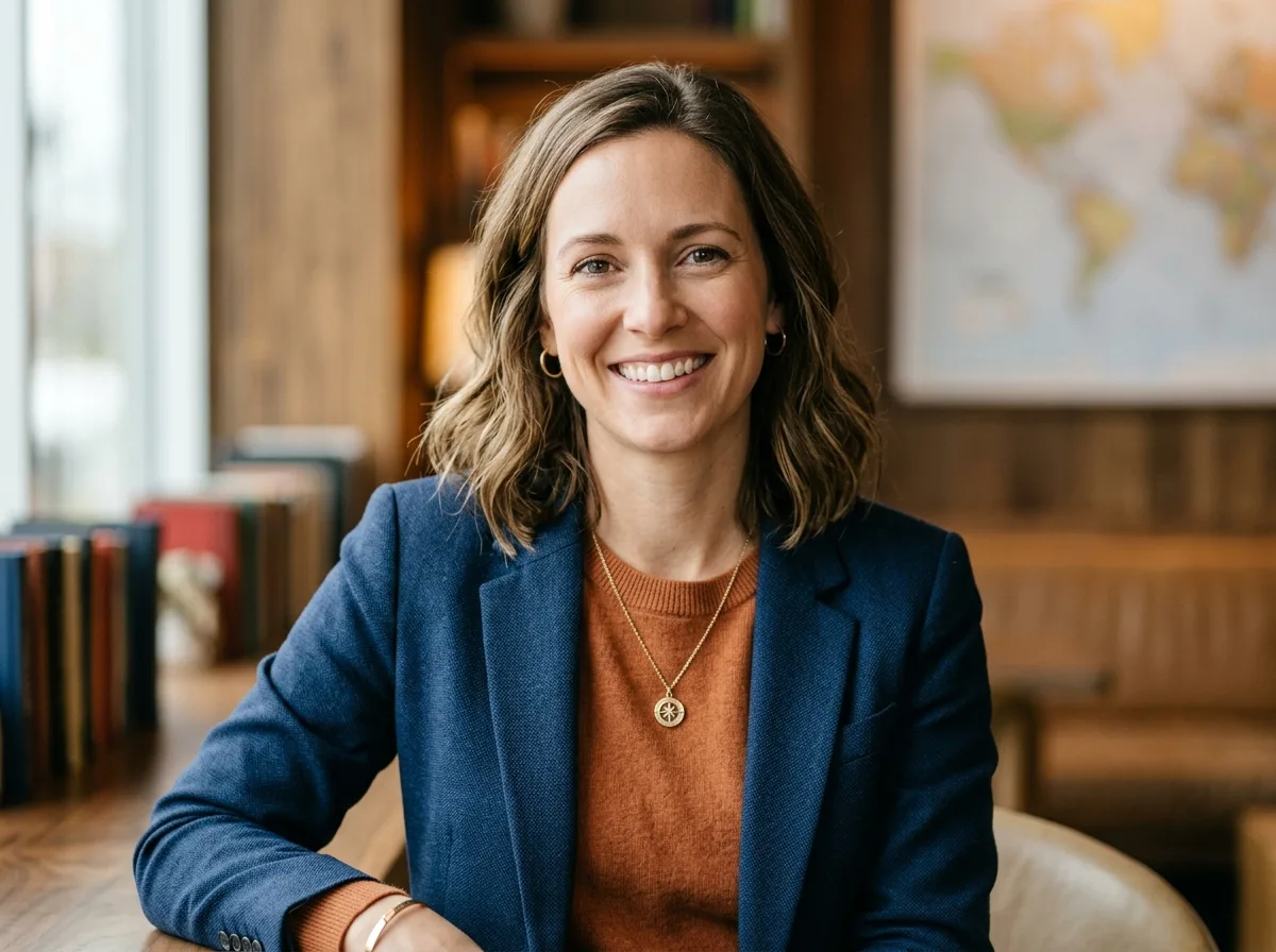 Portrait of woman traveler in her 30s, friendly smile, casual professional attire, neutral background headshot