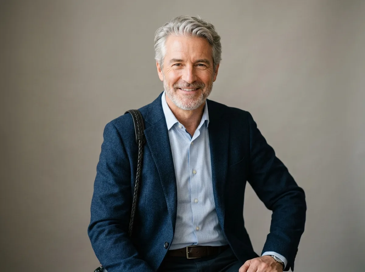 Portrait of male traveler late 50s, silver hair, business casual, neutral studio headshot