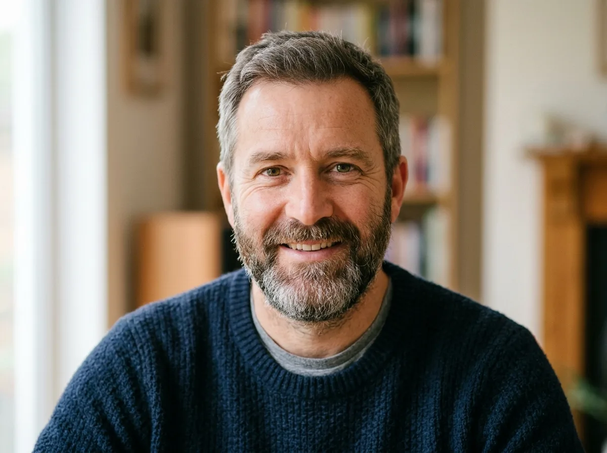 Portrait of middle-aged man with beard, warm expression, casual clothing, neutral headshot photography